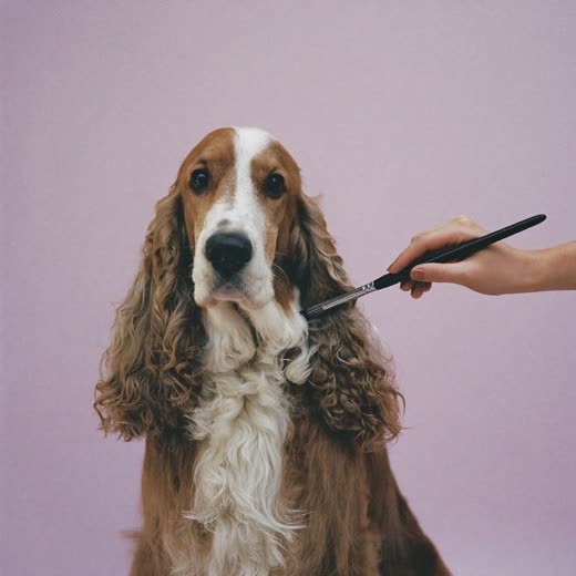 A long-coated dog being brushed out with a slicker brush
